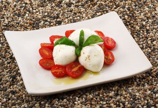 mozzarella salad on white dish