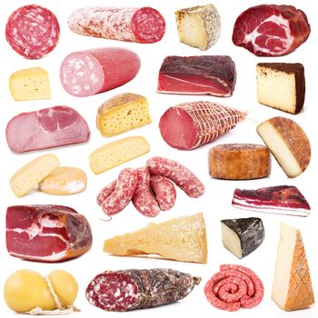 italian salami ham and cheese collage on white background