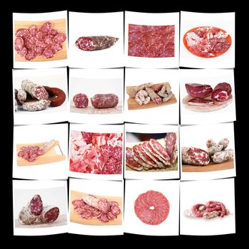 collection of italian salami and ham on white background