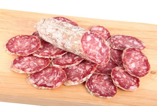 italian salami slice on chopping board background