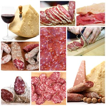 collage of italian specialty like cheese and salami