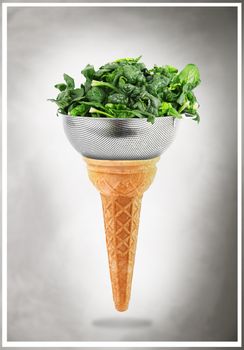 a Delicious ice cream cone with spinach taste