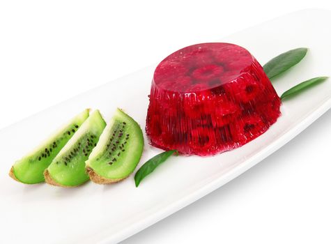 raspberries aspic with kiwi on white background