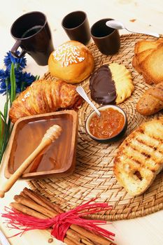 delicious breakfast on rustic wooden table