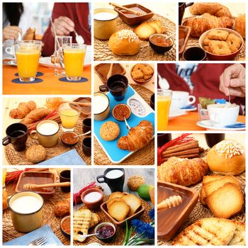 delicious breakfast collage on rustic wooden table