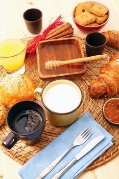 delicious breakfast on rustic wooden table