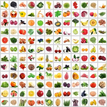 fresh fruit and vegetables collage on white background