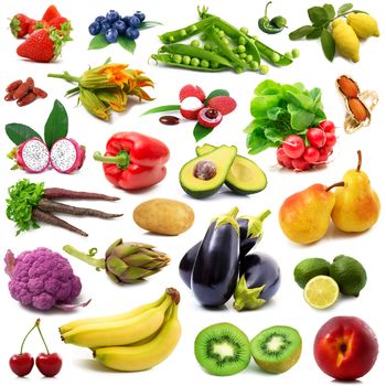 fresh fruit and vegetables collage on white background