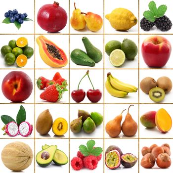 fresh fruit collage on white background