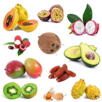 fresh exotic fruit collage on white background