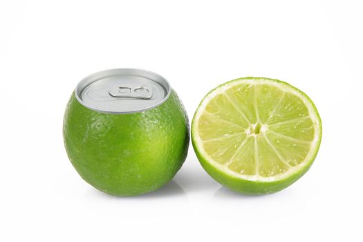 juice of lime in tin on white background