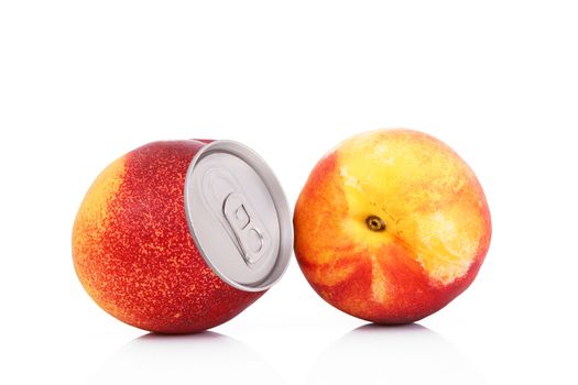 juice of peach in tin on white background