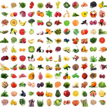 fresh fruit and vegetables collage on white background