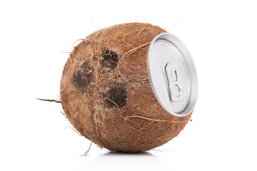 juice of coconut in tin on white background