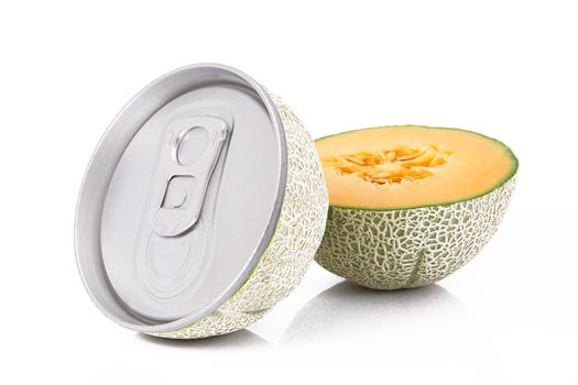 juice of melon in tin on white background