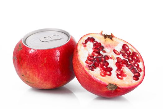 juice of pomegranate in tin on white background