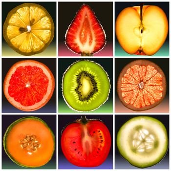 slices of fresh fruit and vegetables in backlight