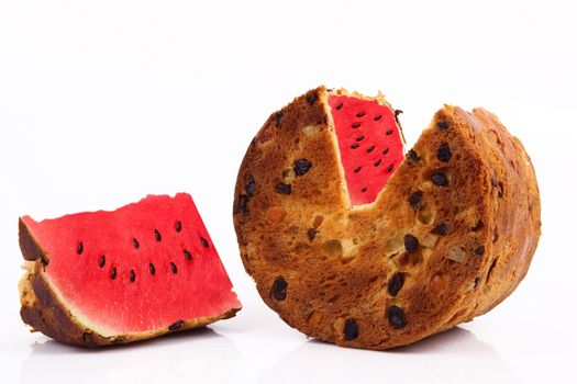 italian strange panettone and watermelon on white background