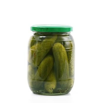 jar of cucumbers on white background