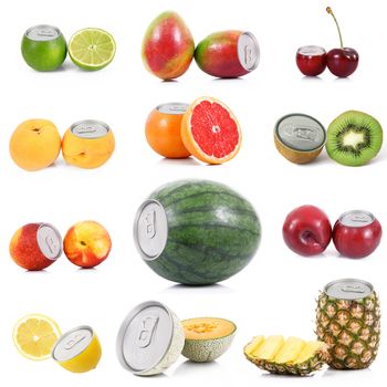 tin fruit collage on white background