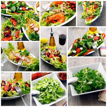 salad collage on old wooden table