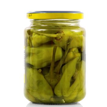 green pepper pickled jar on white background