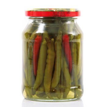 green pepper pickled jar on white background