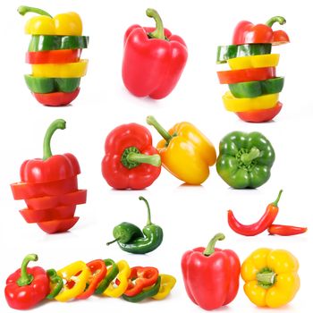 fresh hot peppers collage on white background