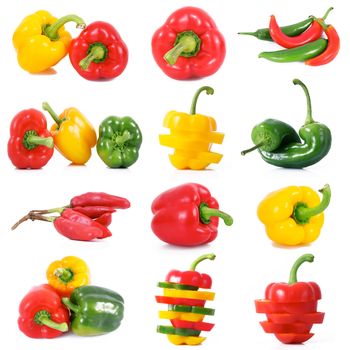 fresh hot peppers collage on white background