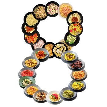 8 alphabet italian pasta on white background