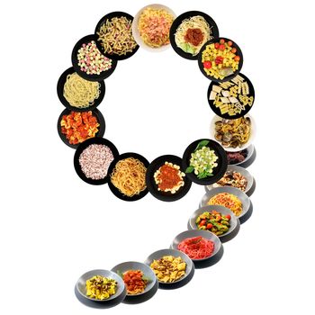 9 alphabet italian pasta on white background