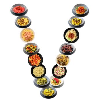 V alphabet italian pasta on white background