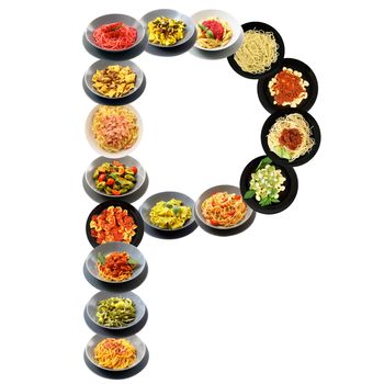 P alphabet italian pasta on white background