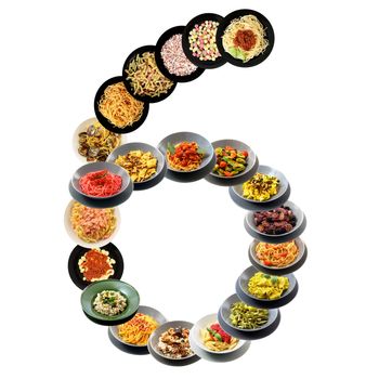 6 alphabet italian pasta on white background