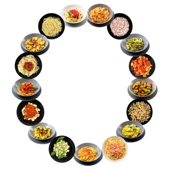 O alphabet italian pasta on white background