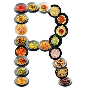 R alphabet italian pasta on white background