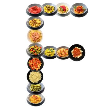 F alphabet italian pasta on white background