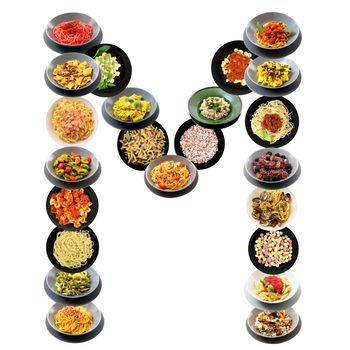 M alphabet italian pasta on white background