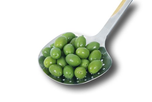 green olive in ladle on white background