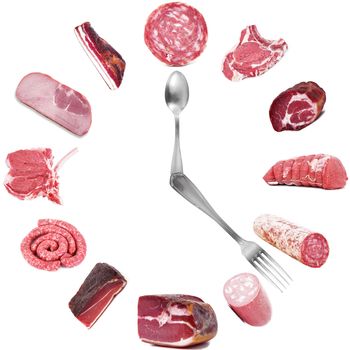salami and italian specialties clock on white background
