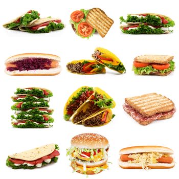 various sandwich collection on white background