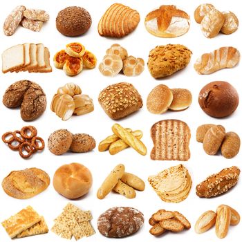 fresh bread collage on white background