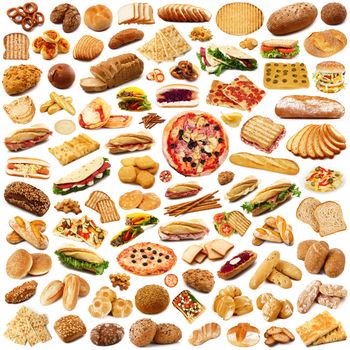 fresh bread collage on white background