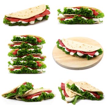 italian flat bread with salade and ham collage