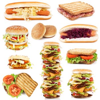 various sandwich collection on white background