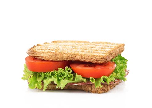 sandwich with salami and tomato on white background