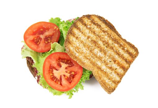 sandwich with salami and tomato on white background