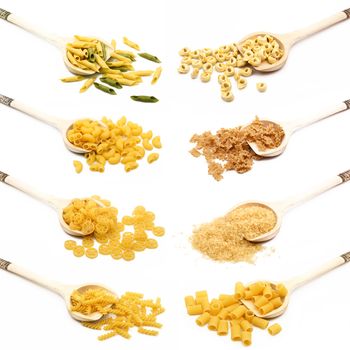 collage of original italian pasta on spoons