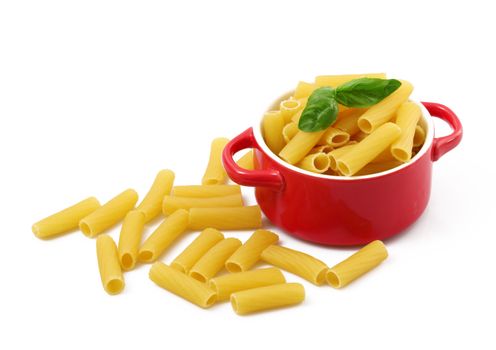 italian raw pasta in red pot