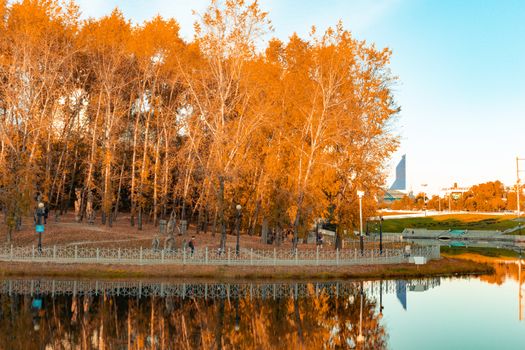 City ponds in the autumn. Trees covered with yellow and orange leaves are reflected in the water. Blue sky.